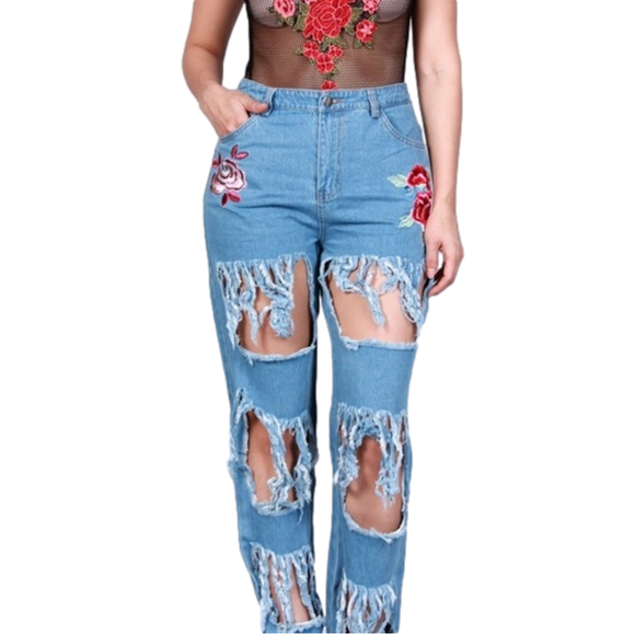Rose Appliqué Distressed Skinny Denim Jeans - Picture 3 of 10